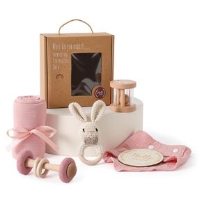 WOODEN TEETHER 6 pcs Baby Gift Set for Newborn Pink Baby Shower Gifts for Girls Baby Girl Gift Basket - Adorable & Safe Newborn Essentials