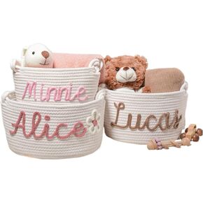 Personalized Baby Name Basket Cotton Rope Basket Diaper Caddy Custom Baby Shower Cotton Rope Room Shelf Storage Basket Toy Basket Laundry Basket (L-21X15X40CM)
