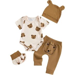 Newborn Baby Boy Summer Outfits Bear Print Short Sleeve Romper Long Pants Hat Socks Set Infant Spring Clothes 0-12M