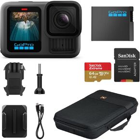 GoPro Hero13 Black - كاميرا عمل مقاومة للماء مع فيديو 5.3k60 ، صورة 27 ميجابكسل + توافق مع عدسات HB -Series + Sandisk 64GB SD CARD + SLINGER CAMERS