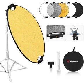 WELLMAKING 72'' Reverse Collapsible LED Light Stand with 32‘’ Dual Handle Collapsible 5-in-1 with Pouch and Tilt Adapter Photographic Reflector Set for Streaming, vlog; Silver, Gold, White and Black