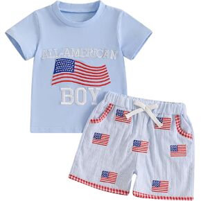Toddler Baby Boy 4th of July Outfit American Flag Embroidery T-shirts Independence Day Summer Shorts Set