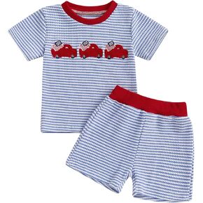 Toddler Baby Boy 4th of July Outfit Truck Flag Embroidery Stripe Waffle Knit Short Sleeve T Shirt and Shorts Set