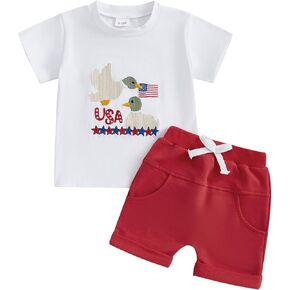 Toddler Baby Boy 4th of July Outfit Embroidery Short Sleeve T-Shirt and Shorts Set Infant Independence Day Clothes