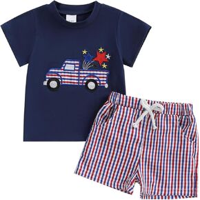 Kuriozud Toddler Baby Boy 4th Of July Truck Truck Flag Flag T-Shirt Top Red White Bule Shorts