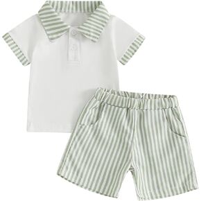 Toddler Boys Summer Outfits Baby Boy Buttons Short Sleeve T-Shirts Stripe Shorts 2Pcs Clothes Beach Shorts Set