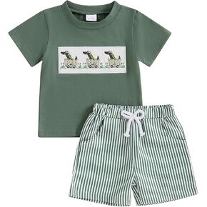 Toddler Infant Baby Boy Summer Outfit Beach Clothes Toddler T-shirts Striped Elastic Waist 2Pcs Shorts Set