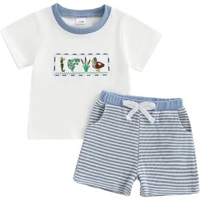 Hunting Toddler Baby Boy Clothes Mallard Duck Embroidery Short Sleeve T-shirt Tops Waffle Shorts Set 2Pcs Outfit