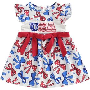 Kayotuas 4th of July Toddler Girl Outfit USA Smocked Dress Red White and Blue Bow Ruffle Sleeve Dresses Kid Patriotic Clothes