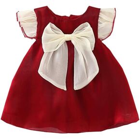 New Year's Dress Girls' Summer Dress Solid Color, Red Flying Sleeves Bow Princess Dress