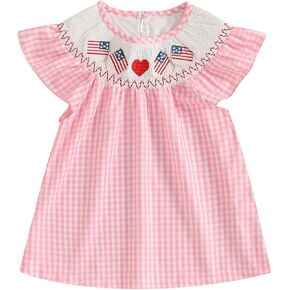 Baby Girl 4th of July Outfit Toddler US Flag Smocked Dress Short Sleeve Plaid Fourth of July Dress for Kids