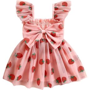 Toddler Baby Girl Dress Summer Ruffle Sleeve Strawberry Tulle Smocked Dress Kids Girls Birthday Party Dresses