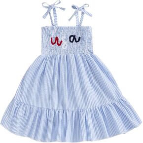 Toddler Girl 4th of July Outfit Little Girls USA Stripes Ruffle Halter Fourth of July Dress Kids Memorial Clothing