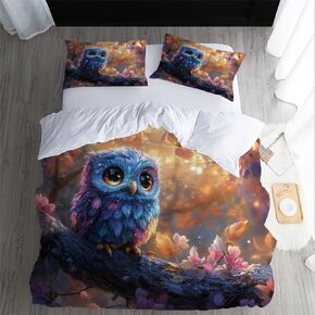 Cute Colorful Owl Duvet Cover Set Cute Baby Owl 3D Print Breathable Comforter Cover with Zipper Easy Care Washable Soft Microfiber for All Seasons, King Size(90"x90")