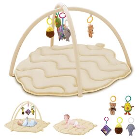 Baby Play Gym Mat, Tummy Time Mat with 5 Detachable Toys, Oversize Cute Pinecone Shape, Large Sensory Playmat for Floor, Newborn Infant Baby Essentials Shower Gift 0-3-6-9-12 Months, Beige