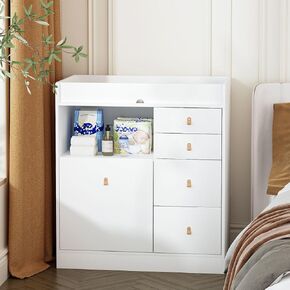 Baby Dresser Changing Table, Modern Nursery Dresser with Drawers, Storage Shelves, Diaper Changing Station for Nursery Room,Bedroom,Kids Room (White)