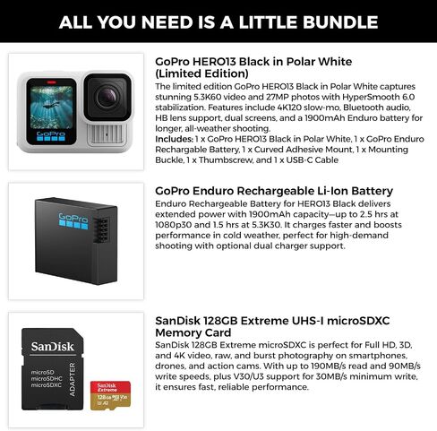 GoPro HERO13 Black in Forest Green with 27MP Photos & 5.3K60 Video Recording, Extra 1900mAh Enduro Battery with High-Efficiency Power Delivery, 128GB Extreme microSDXC Card with SD Adapter Bundle Kit in Saudi Arabia