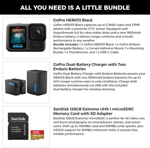 GoPro HERO13 Black in Forest Green with 27MP Photos & 5.3K60 Video Recording, Extra 1900mAh Enduro Battery with High-Efficiency Power Delivery, 128GB Extreme microSDXC Card with SD Adapter Bundle Kit in Kuwait