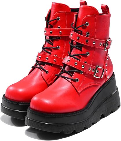 Women's Gothic Punk Ankle Boots, Black, Round Toe, Lace-Up, Combat, Wedge Heel, Casual, All Seasons in Saudi Arabia