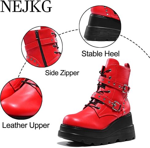 Women's Gothic Punk Ankle Boots, Black, Round Toe, Lace-Up, Combat, Wedge Heel, Casual, All Seasons in Saudi Arabia