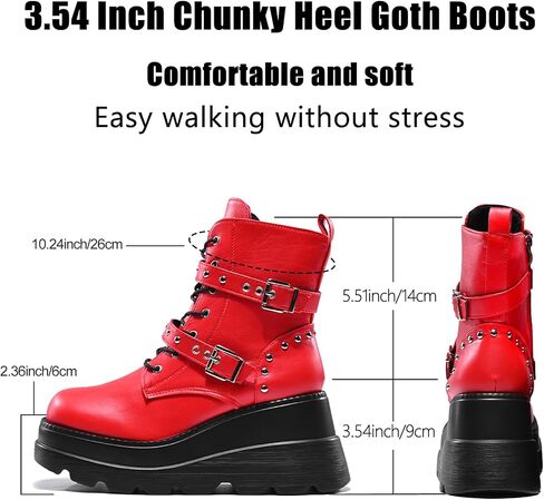 Women's Gothic Punk Ankle Boots, Black, Round Toe, Lace-Up, Combat, Wedge Heel, Casual, All Seasons in Saudi Arabia