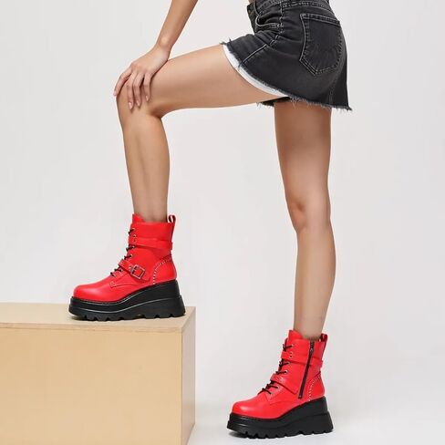 Women's Gothic Punk Ankle Boots, Black, Round Toe, Lace-Up, Combat, Wedge Heel, Casual, All Seasons in Saudi Arabia