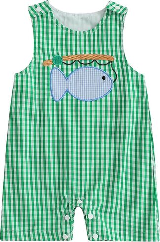 Newborn Baby Boy Fishing Outfit Fish Romper Sleeveless Overalls Plaid Shortalls Jumpsuit Infant Summer Clothes in Saudi Arabia