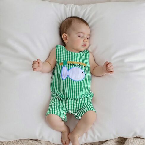 Newborn Baby Boy Fishing Outfit Fish Romper Sleeveless Overalls Plaid Shortalls Jumpsuit Infant Summer Clothes in Saudi Arabia