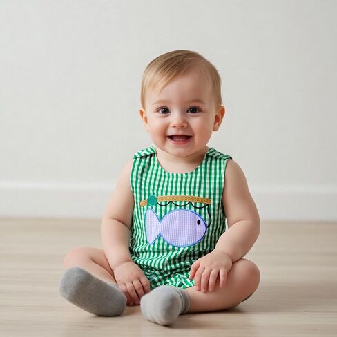 Newborn Baby Boy Fishing Outfit Fish Romper Sleeveless Overalls Plaid Shortalls Jumpsuit Infant Summer Clothes in Saudi Arabia