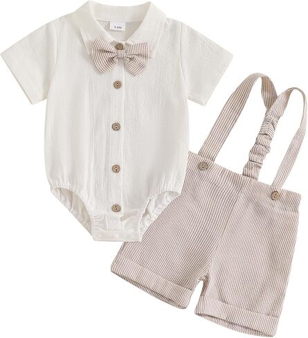 Baby Boy Gentleman Short Sleeve Lapel Neck Romper with Stripe Suspender Shorts and Bowtie in Saudi Arabia