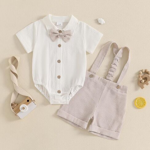 Baby Boy Gentleman Short Sleeve Lapel Neck Romper with Stripe Suspender Shorts and Bowtie in Saudi Arabia