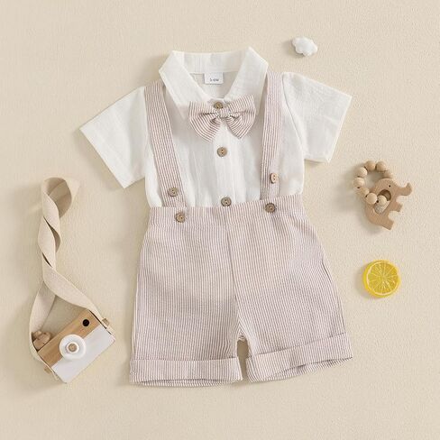Baby Boy Gentleman Short Sleeve Lapel Neck Romper with Stripe Suspender Shorts and Bowtie in Saudi Arabia