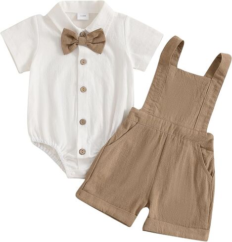 Baby Boy Gentleman Short Sleeve Lapel Neck Romper with Stripe Suspender Shorts and Bowtie in Saudi Arabia