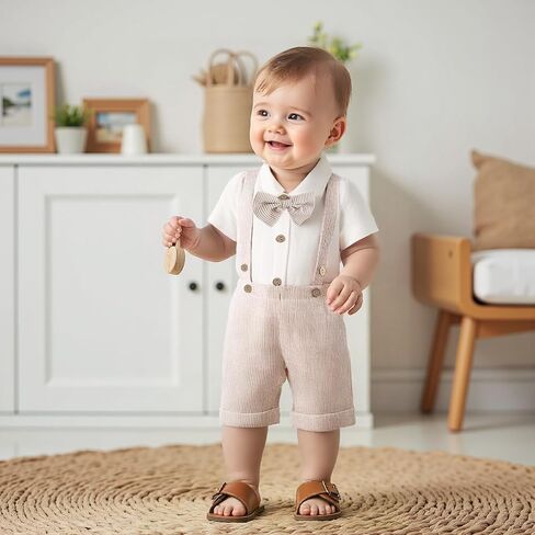 Baby Boy Gentleman Short Sleeve Lapel Neck Romper with Stripe Suspender Shorts and Bowtie in Saudi Arabia