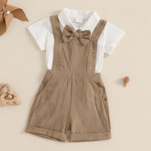 Baby Boy Gentleman Short Sleeve Lapel Neck Romper with Stripe Suspender Shorts and Bowtie in Saudi Arabia