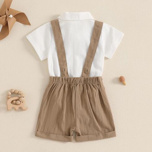 Baby Boy Gentleman Short Sleeve Lapel Neck Romper with Stripe Suspender Shorts and Bowtie in Saudi Arabia