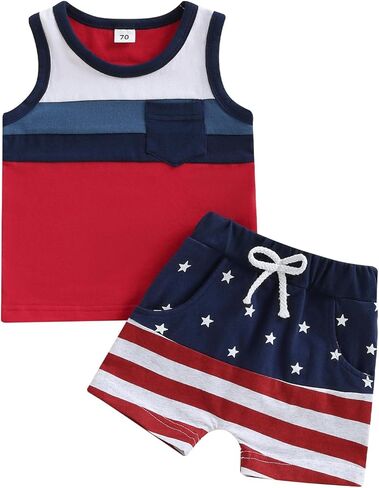 Toddler Baby Boy Summer Clothes 4th of July Independence Contrast Color Tank Tops Star Striped Shorts Outfit Set in Saudi Arabia