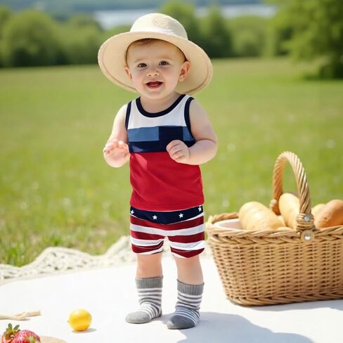 Toddler Baby Boy Summer Clothes 4th of July Independence Contrast Color Tank Tops Star Striped Shorts Outfit Set in Saudi Arabia