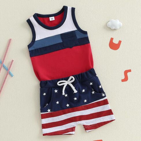 Toddler Baby Boy Summer Clothes 4th of July Independence Contrast Color Tank Tops Star Striped Shorts Outfit Set in Saudi Arabia