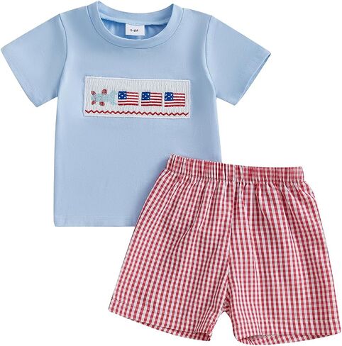 Baby Boy 4th of July Outfits American Flag Short Sleeve Shirt Plaid Shorts Fourth of July Toddler Clothes in Kuwait