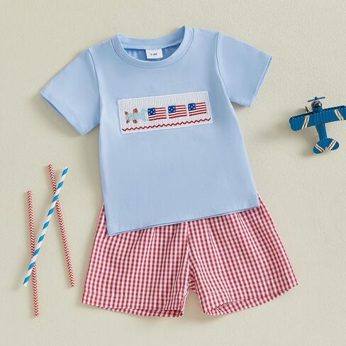 Baby Boy 4th of July Outfits American Flag Short Sleeve Shirt Plaid Shorts Fourth of July Toddler Clothes in Kuwait