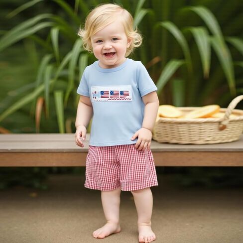 Baby Boy 4th of July Outfits American Flag Short Sleeve Shirt Plaid Shorts Fourth of July Toddler Clothes in Kuwait