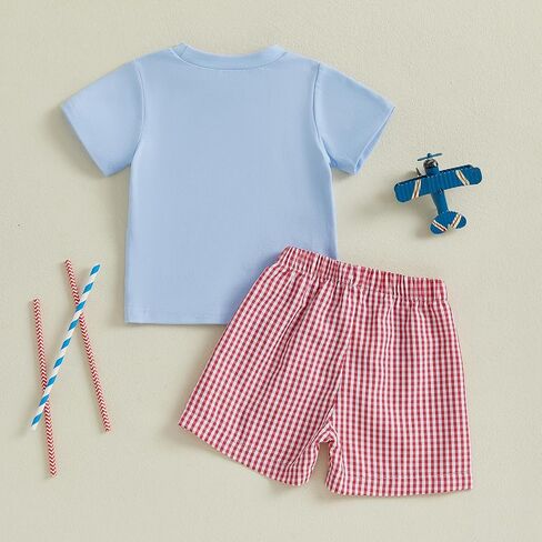 Baby Boy 4th of July Outfits American Flag Short Sleeve Shirt Plaid Shorts Fourth of July Toddler Clothes in Kuwait