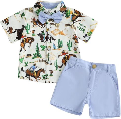 Toddler Boy Western Summer Clothes Riding Horse Button Down Short Sleeve Shirt and Shorts Set Country Baby Clothes in Saudi Arabia