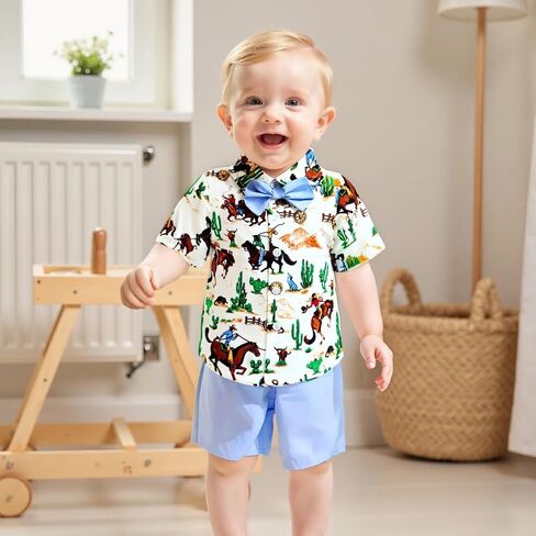 Toddler Boy Western Summer Clothes Riding Horse Button Down Short Sleeve Shirt and Shorts Set Country Baby Clothes in Saudi Arabia