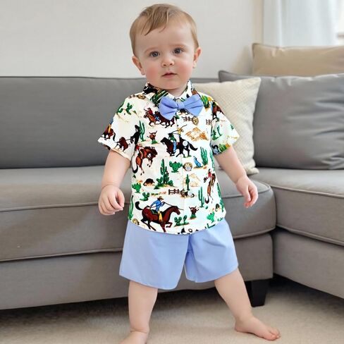 Toddler Boy Western Summer Clothes Riding Horse Button Down Short Sleeve Shirt and Shorts Set Country Baby Clothes in Saudi Arabia