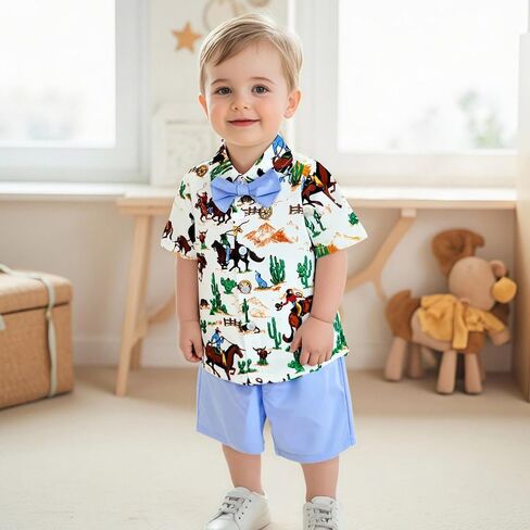 Toddler Boy Western Summer Clothes Riding Horse Button Down Short Sleeve Shirt and Shorts Set Country Baby Clothes in Saudi Arabia