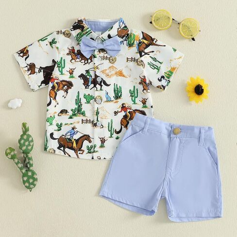 Toddler Boy Western Summer Clothes Riding Horse Button Down Short Sleeve Shirt and Shorts Set Country Baby Clothes in Saudi Arabia