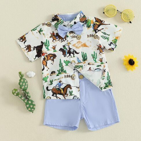Toddler Boy Western Summer Clothes Riding Horse Button Down Short Sleeve Shirt and Shorts Set Country Baby Clothes in Saudi Arabia