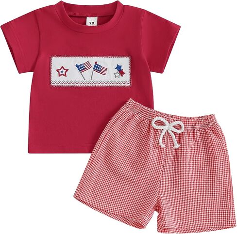 Baby Boy 4th of July Outfits American Flag Short Sleeve Shirt Plaid Shorts Fourth of July Toddler Clothes in Kuwait